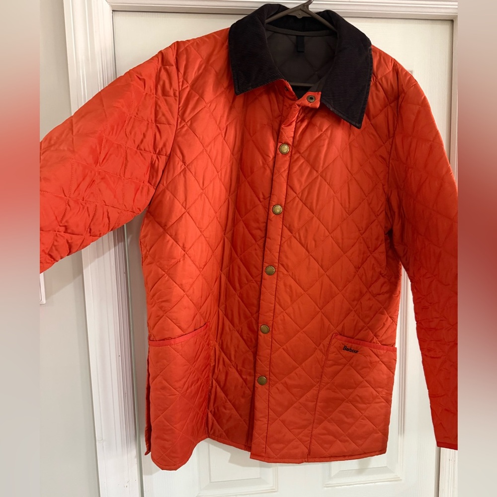 Barbour Quilted Performance Jacket in Bright Orange with Black Cord Collar